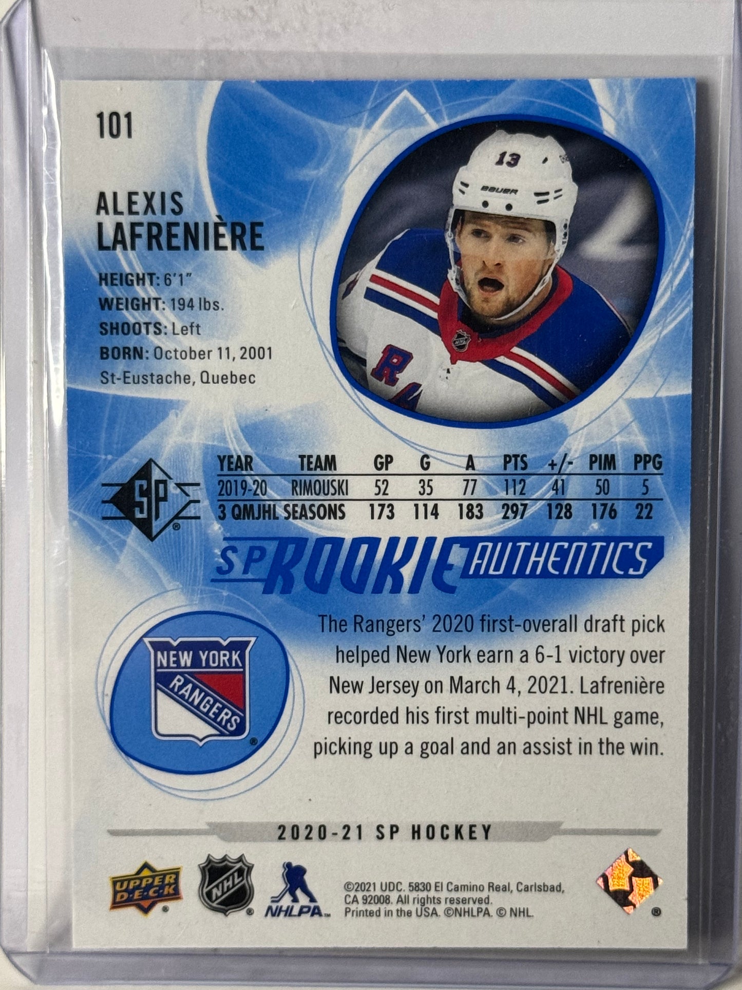 Alexis Lafreniere SP Rookie Authentic Blue