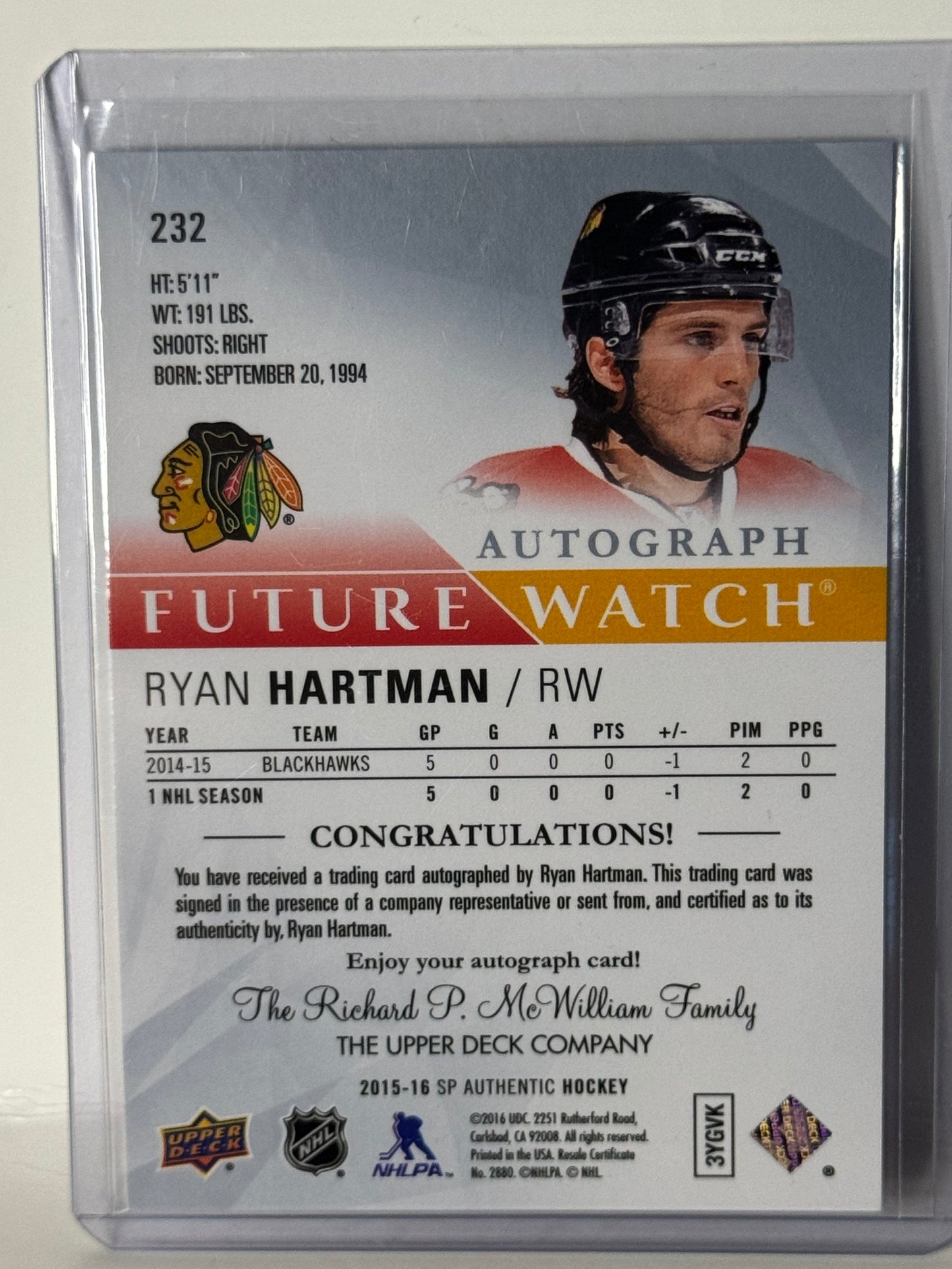 Ryan Hartman Future Watch auto 301/999