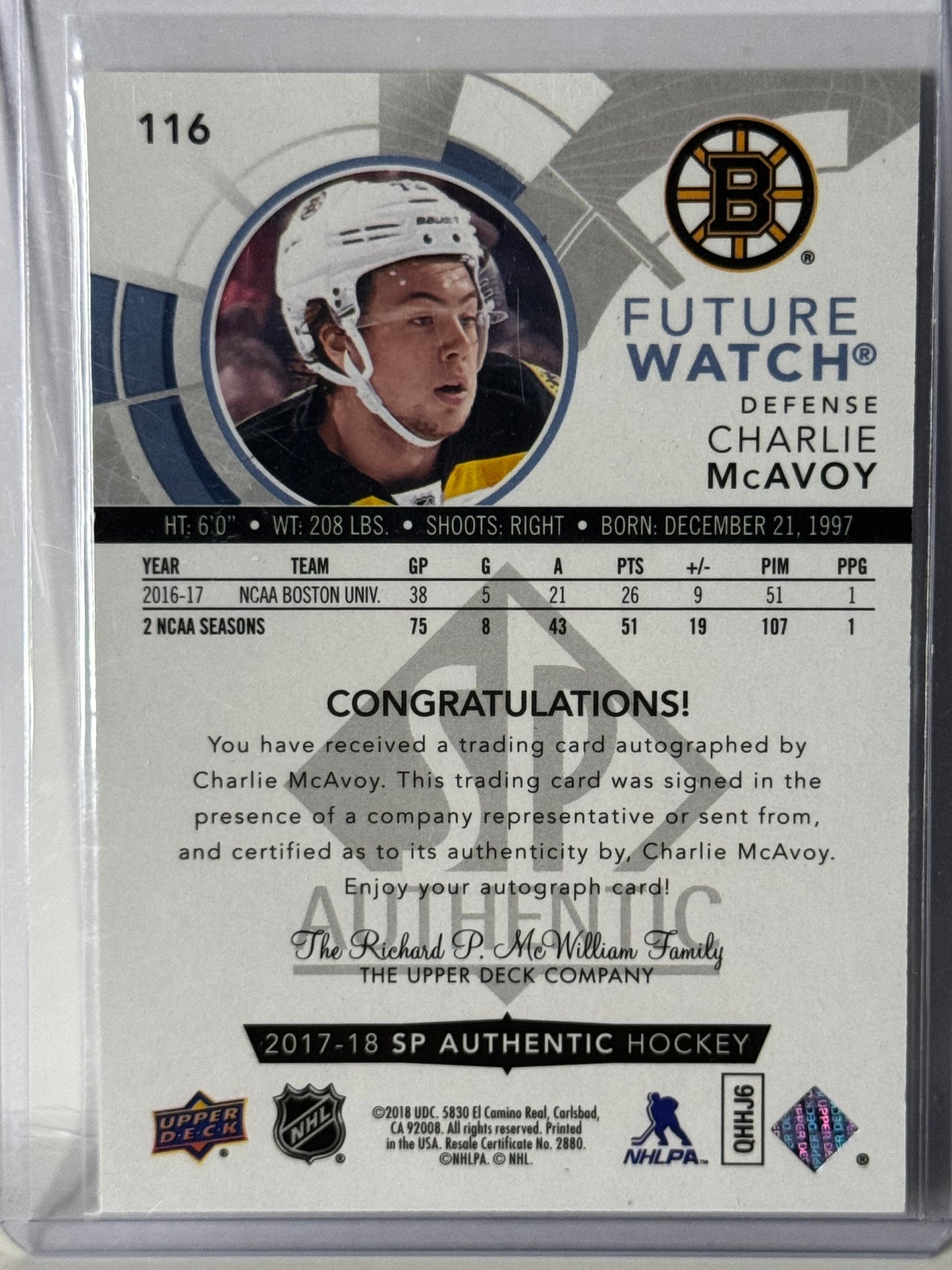 Charlie McAvoy Future Watch Auto 917/999