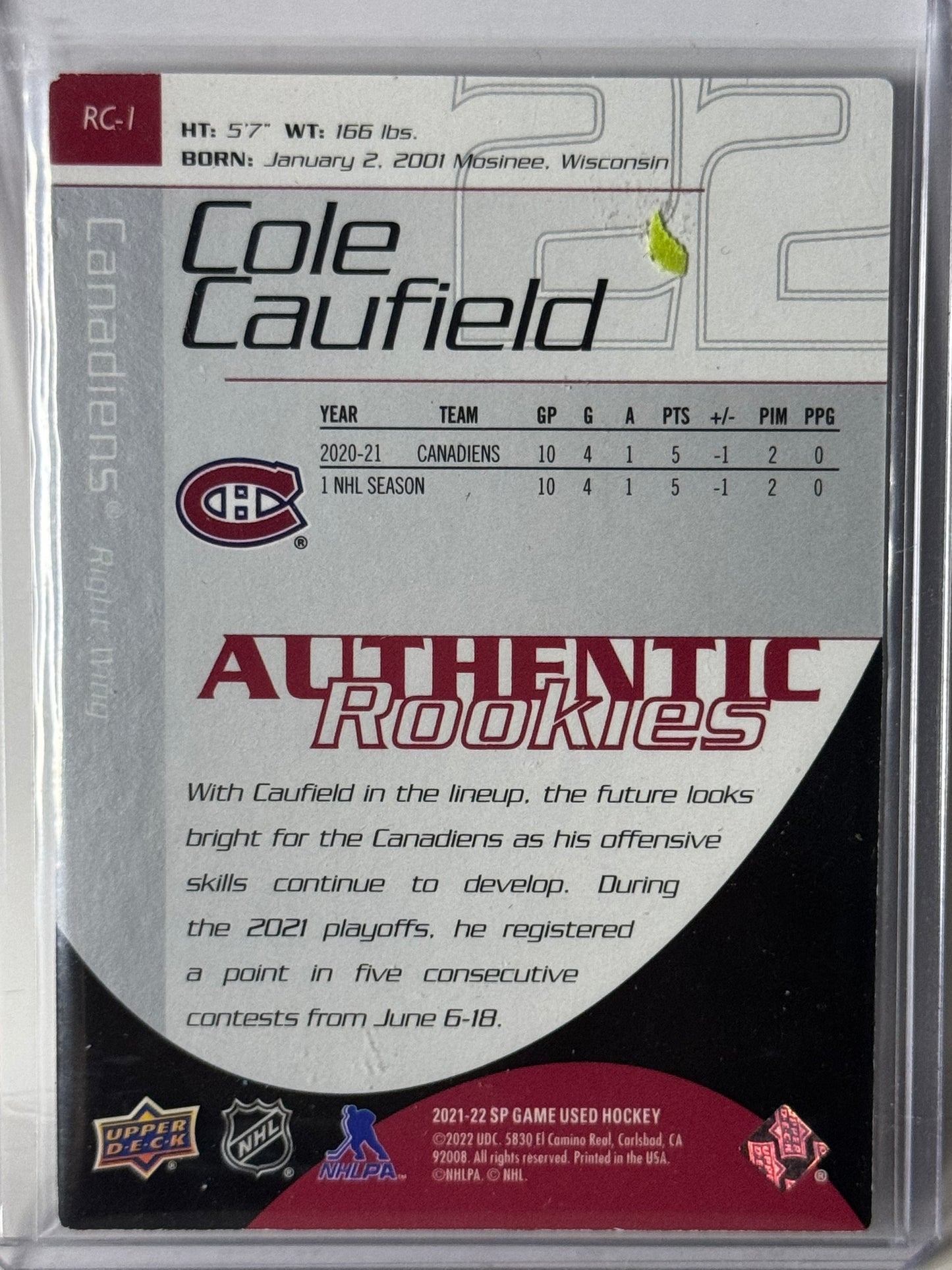 Cole Caufield Authentic Rookies 987/999